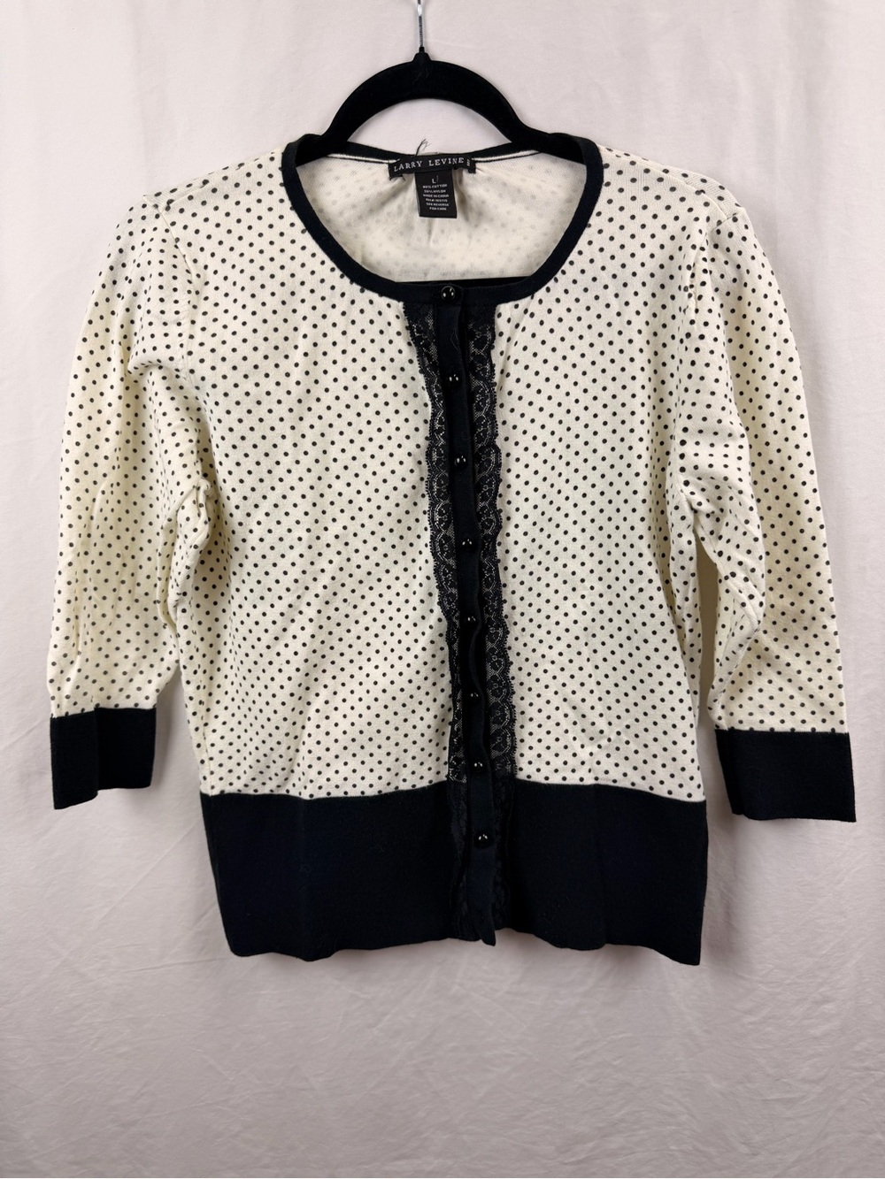 Larry Levine Women's Top Sz L Cream and Black Polka Dot Lace Black Trim Stretch - Picture 2 of 8